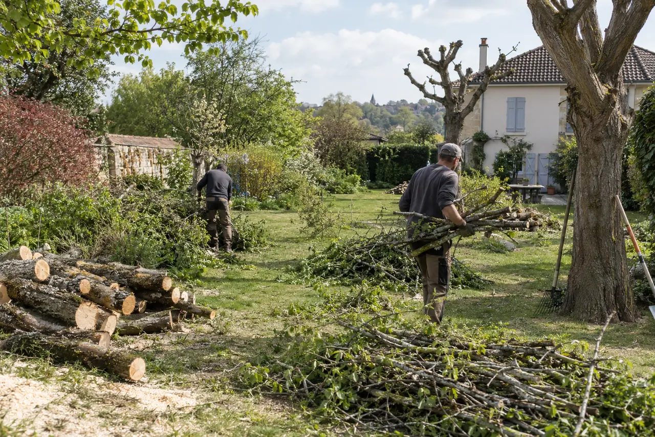 Travailleurs triant les branches après des travaux d’élagage