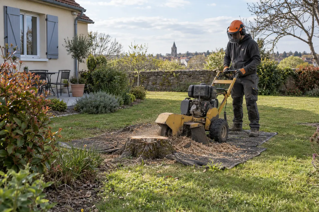 Professionnel utilisant une rogneuse de souche dans un jardin