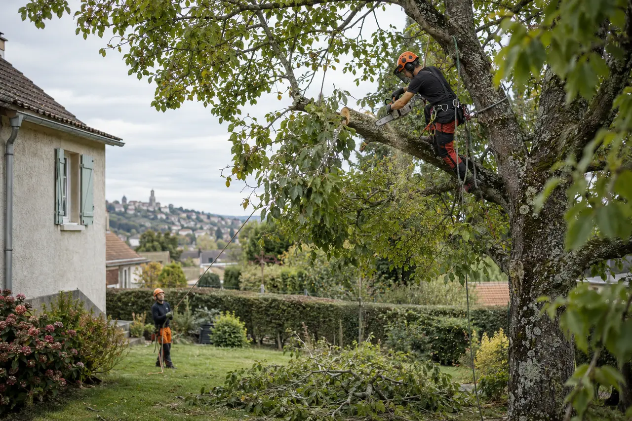 Arboriste équipé élaguant un arbre dans un jardin résidentiel