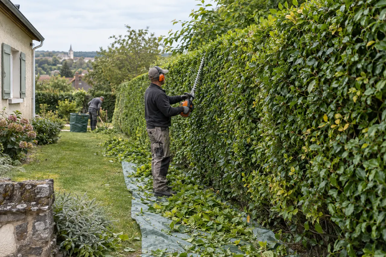 Taille régulière d’une longue haie dans un jardin