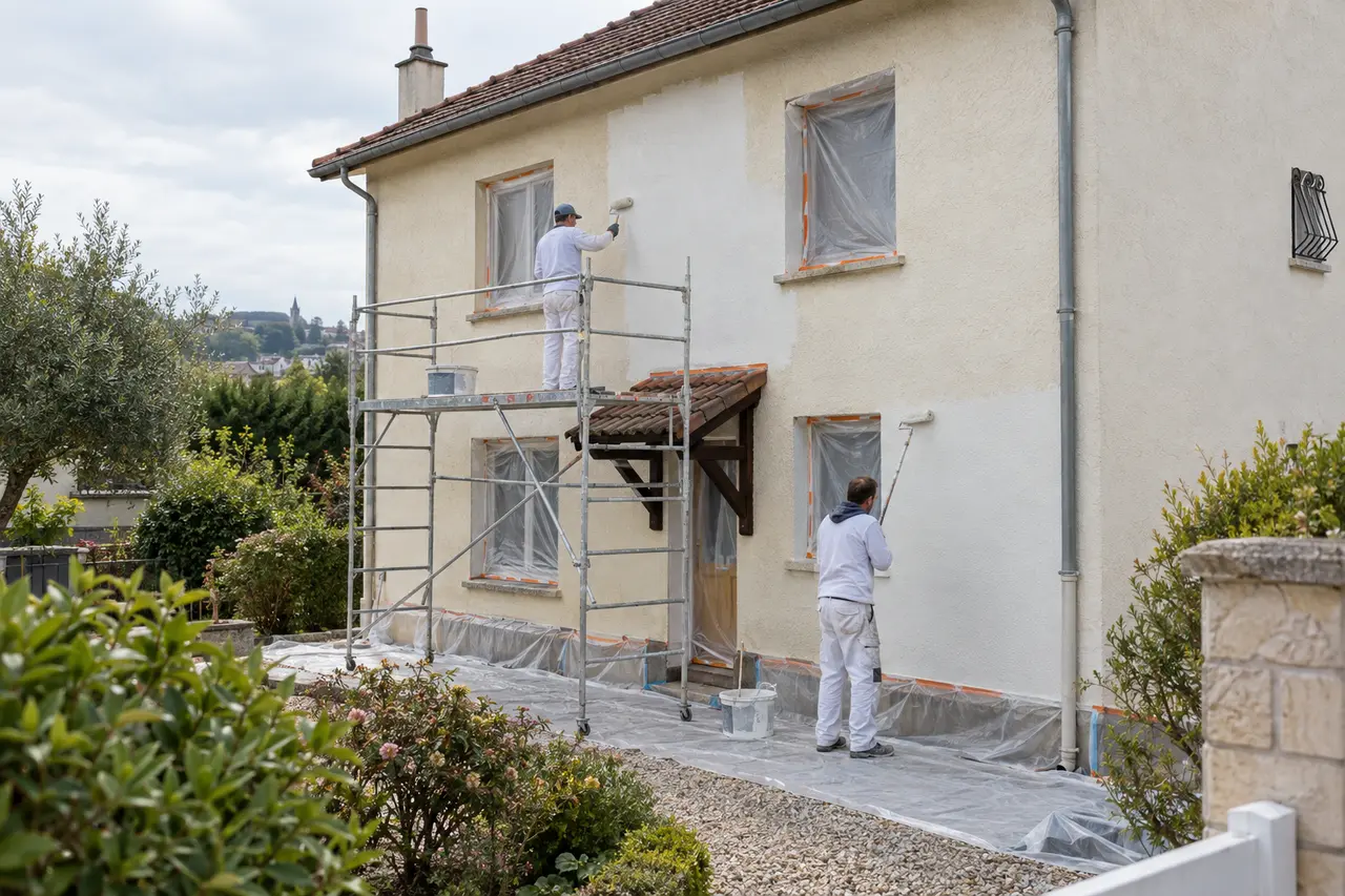 Peintres appliquant un revêtement sur la façade d’une maison