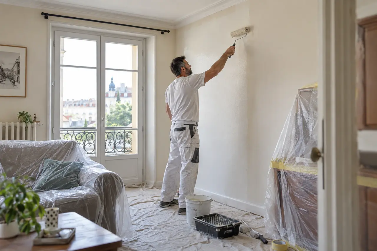 Peintre appliquant une peinture claire sur un mur intérieur protégé