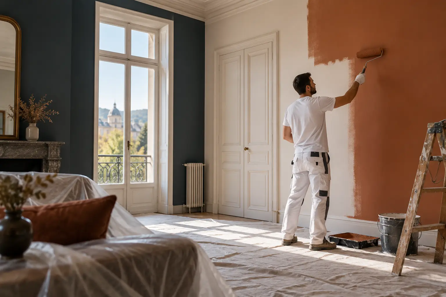 Peintre appliquant une teinte terracotta dans une pièce protégée